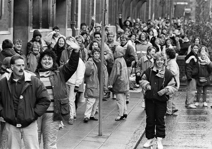 Framed Print : Jason Donovan fans queuing for tickets, 1990